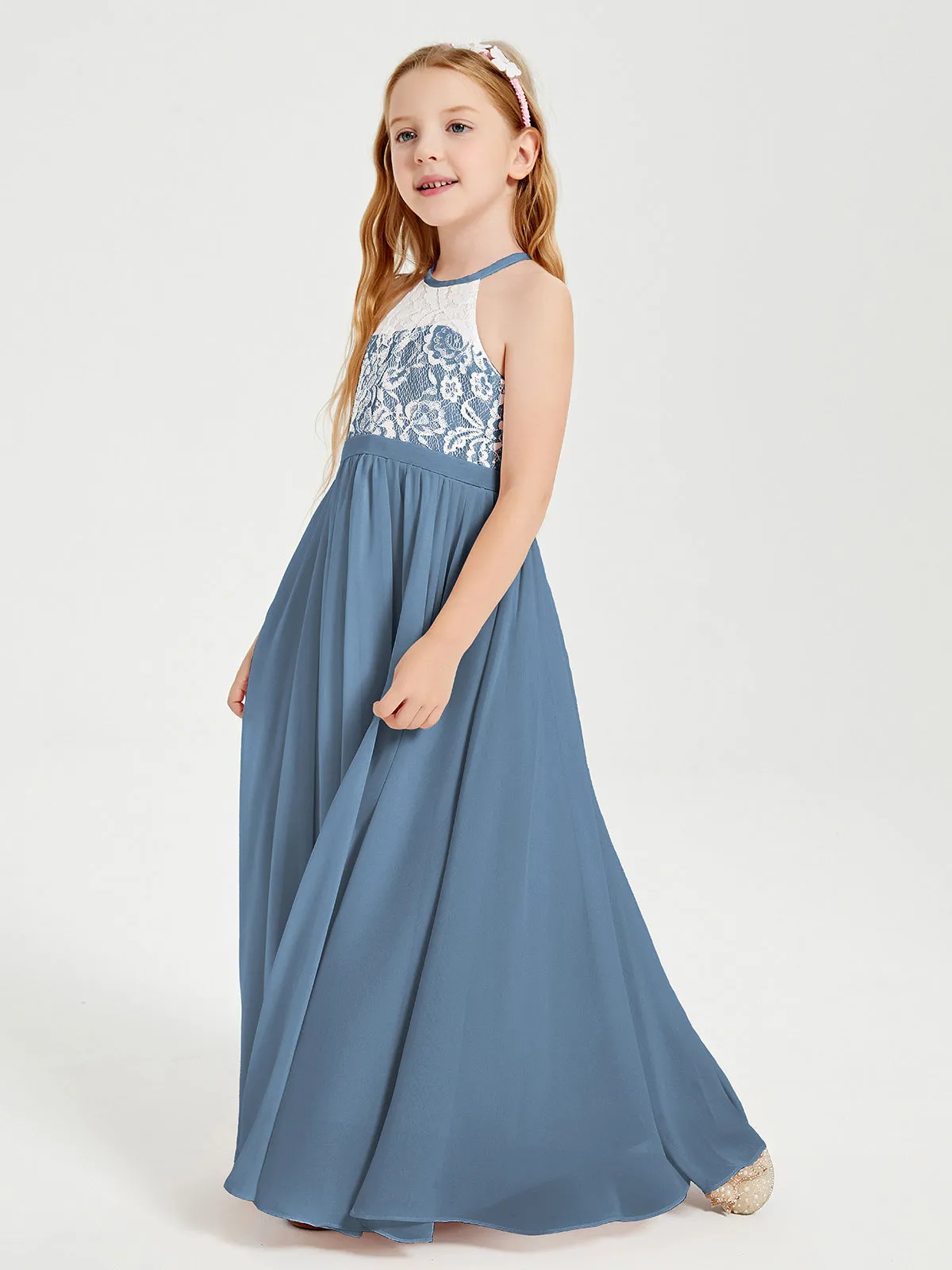 Long Chiffon Bridesmaid Dresses Lace Top Slate Blue