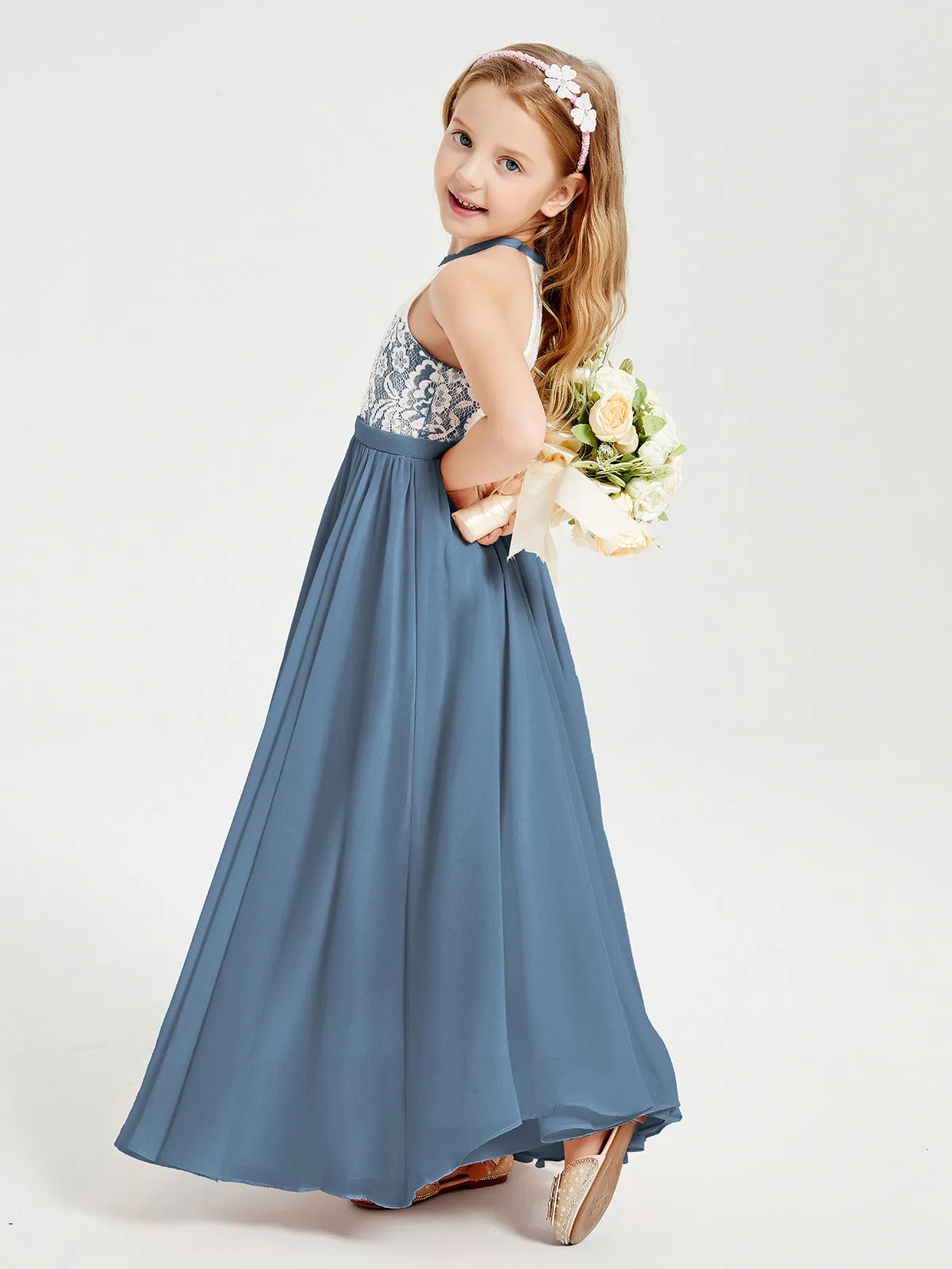 Long Chiffon Bridesmaid Dresses Lace Top Slate Blue