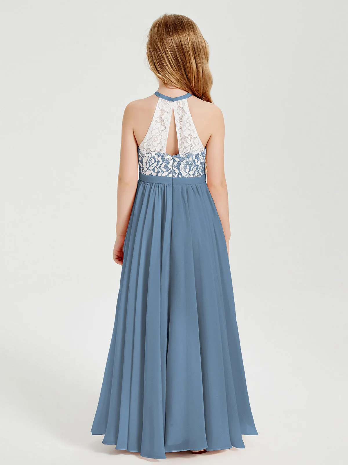 Long Chiffon Bridesmaid Dresses Lace Top Slate Blue