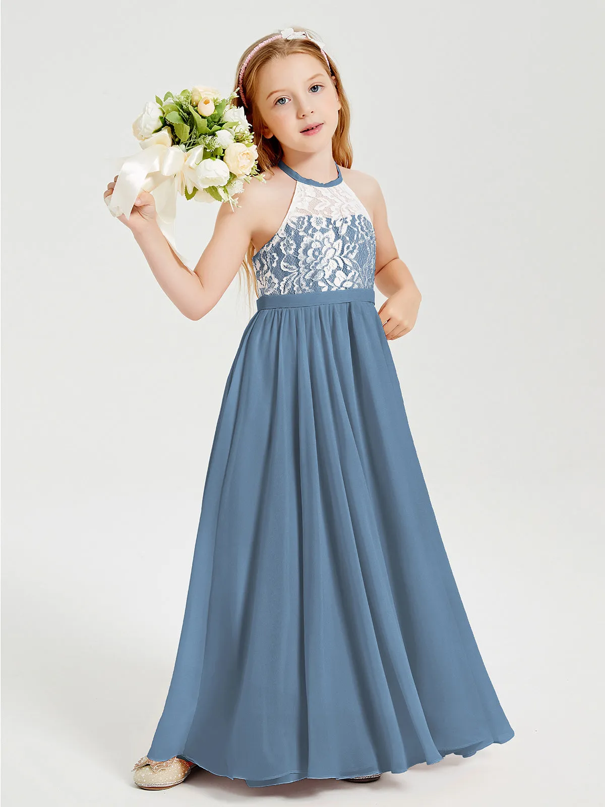 Long Chiffon Bridesmaid Dresses Lace Top Slate Blue