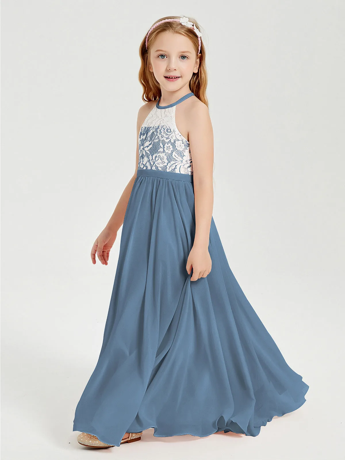 Long Chiffon Bridesmaid Dresses Lace Top Slate Blue