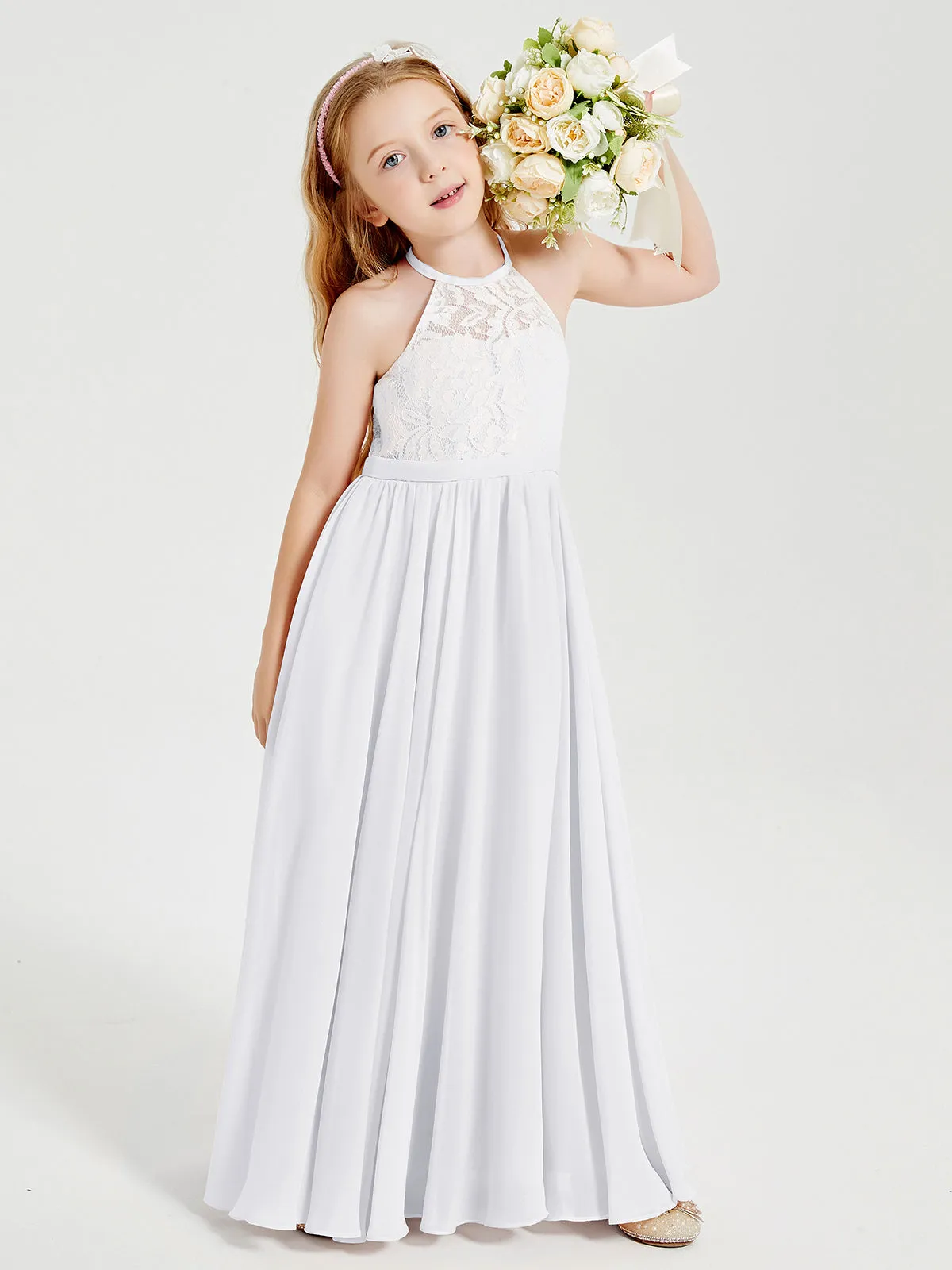 Long Chiffon Bridesmaid Dresses Lace Top White