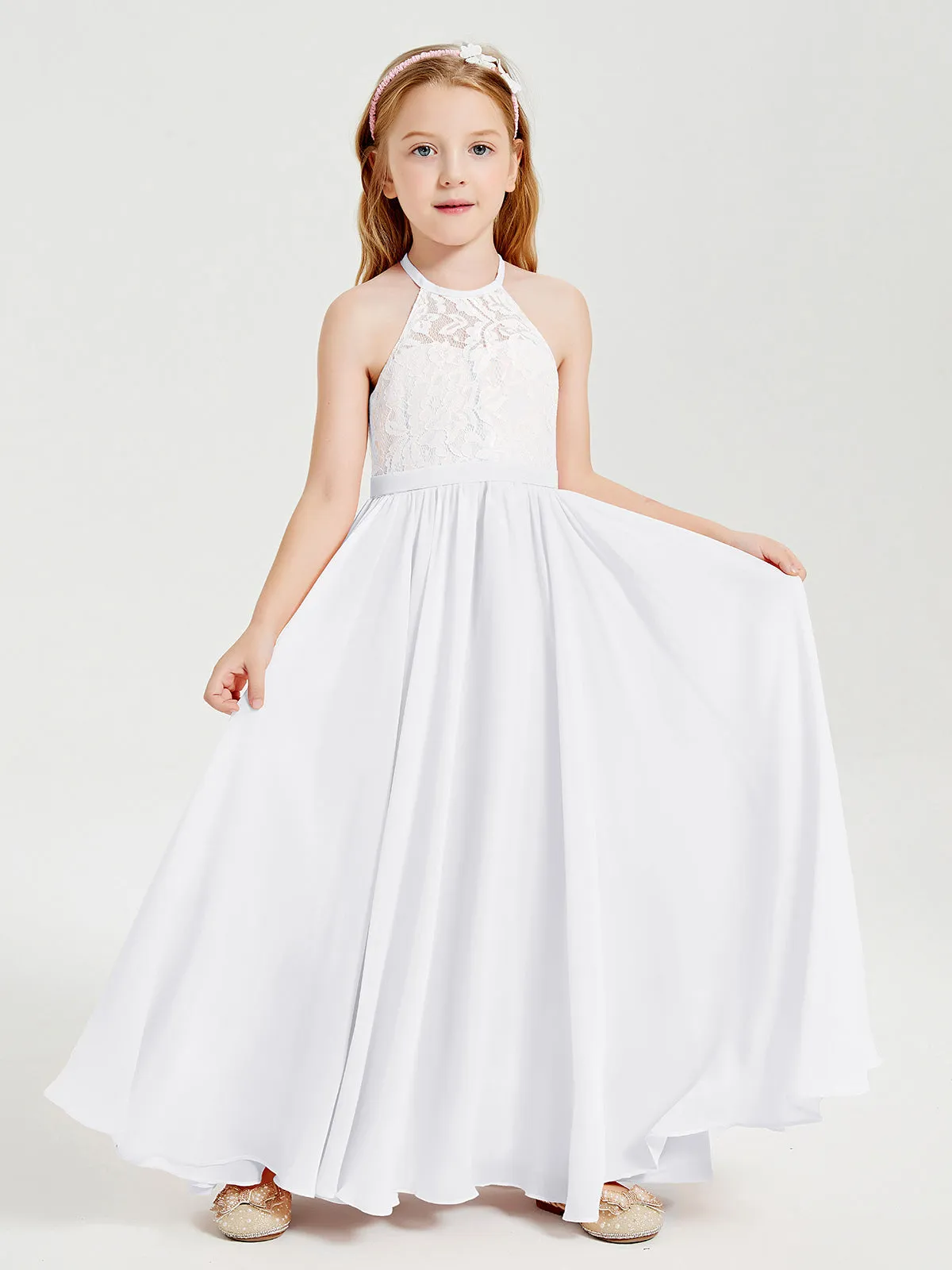 Long Chiffon Bridesmaid Dresses Lace Top White