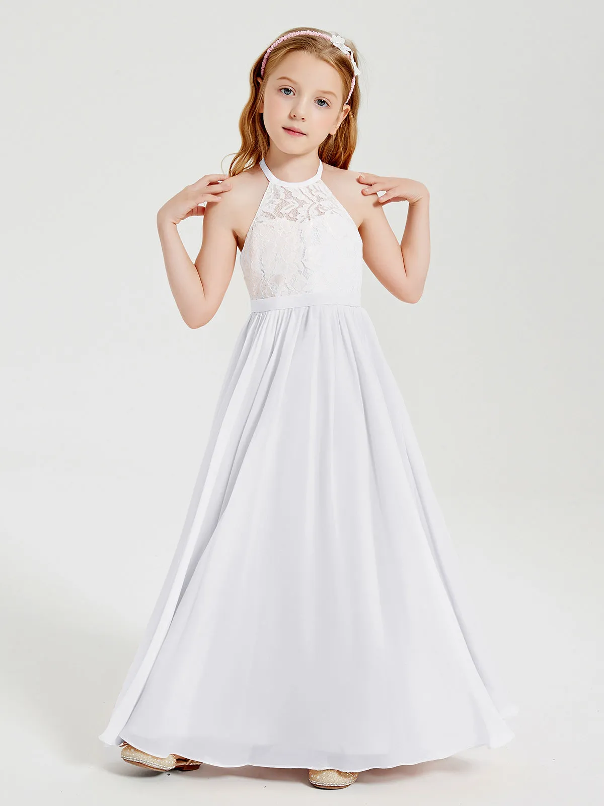 Long Chiffon Bridesmaid Dresses Lace Top White