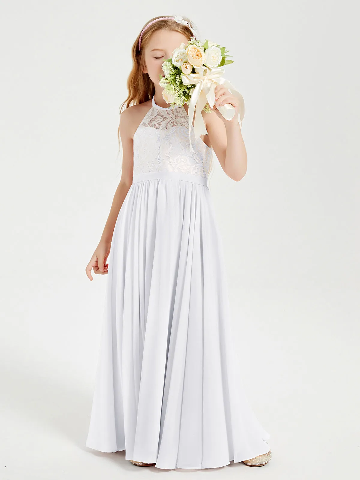 Long Chiffon Bridesmaid Dresses Lace Top White