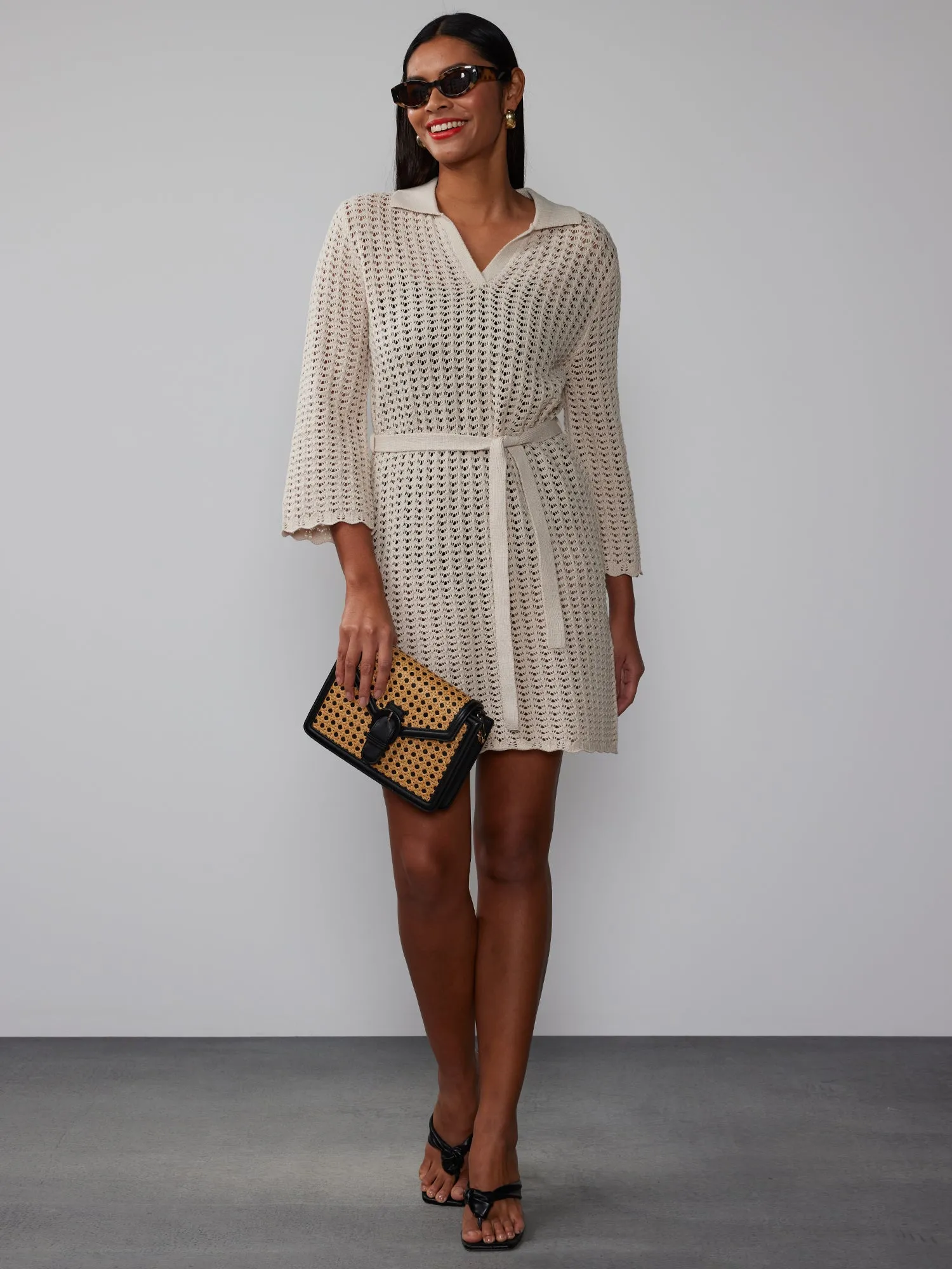 Long Sleeve Polo Pointelle Shift Dress