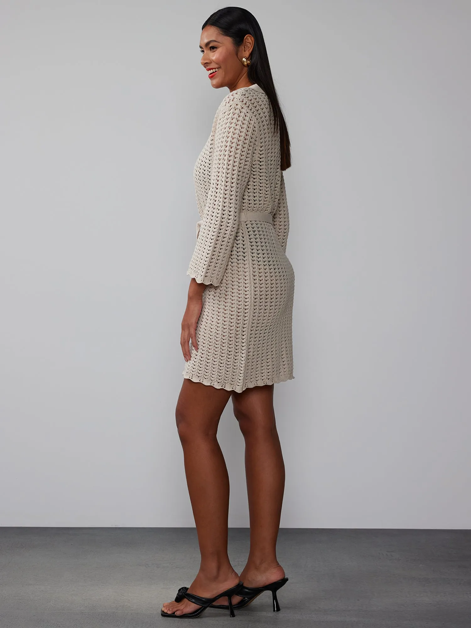 Long Sleeve Polo Pointelle Shift Dress