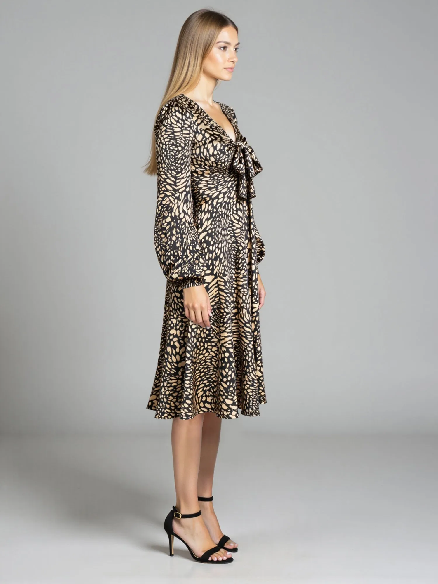 Long Sleeve Tie Front Printed Satin Shirt Dress