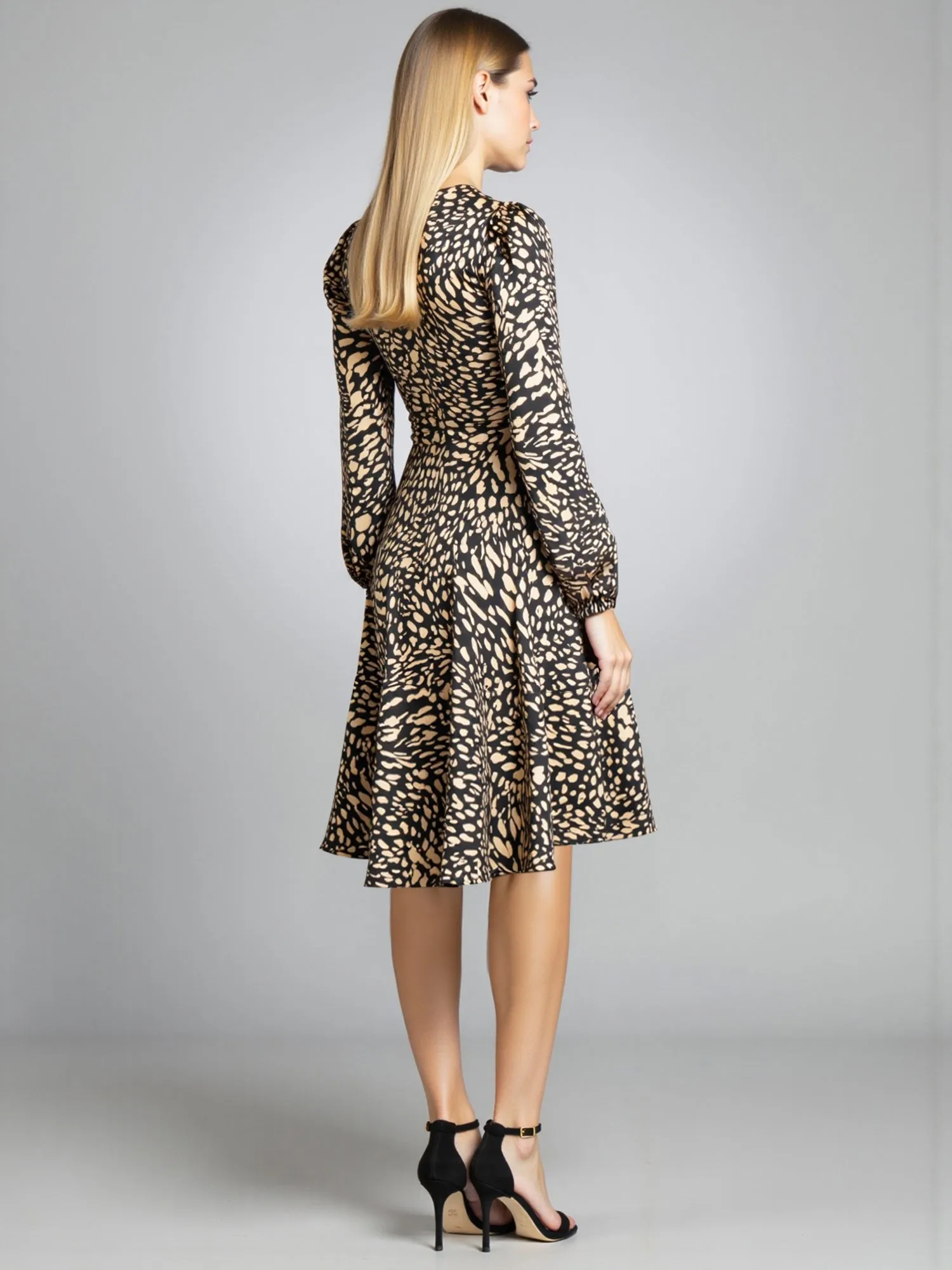 Long Sleeve Tie Front Printed Satin Shirt Dress