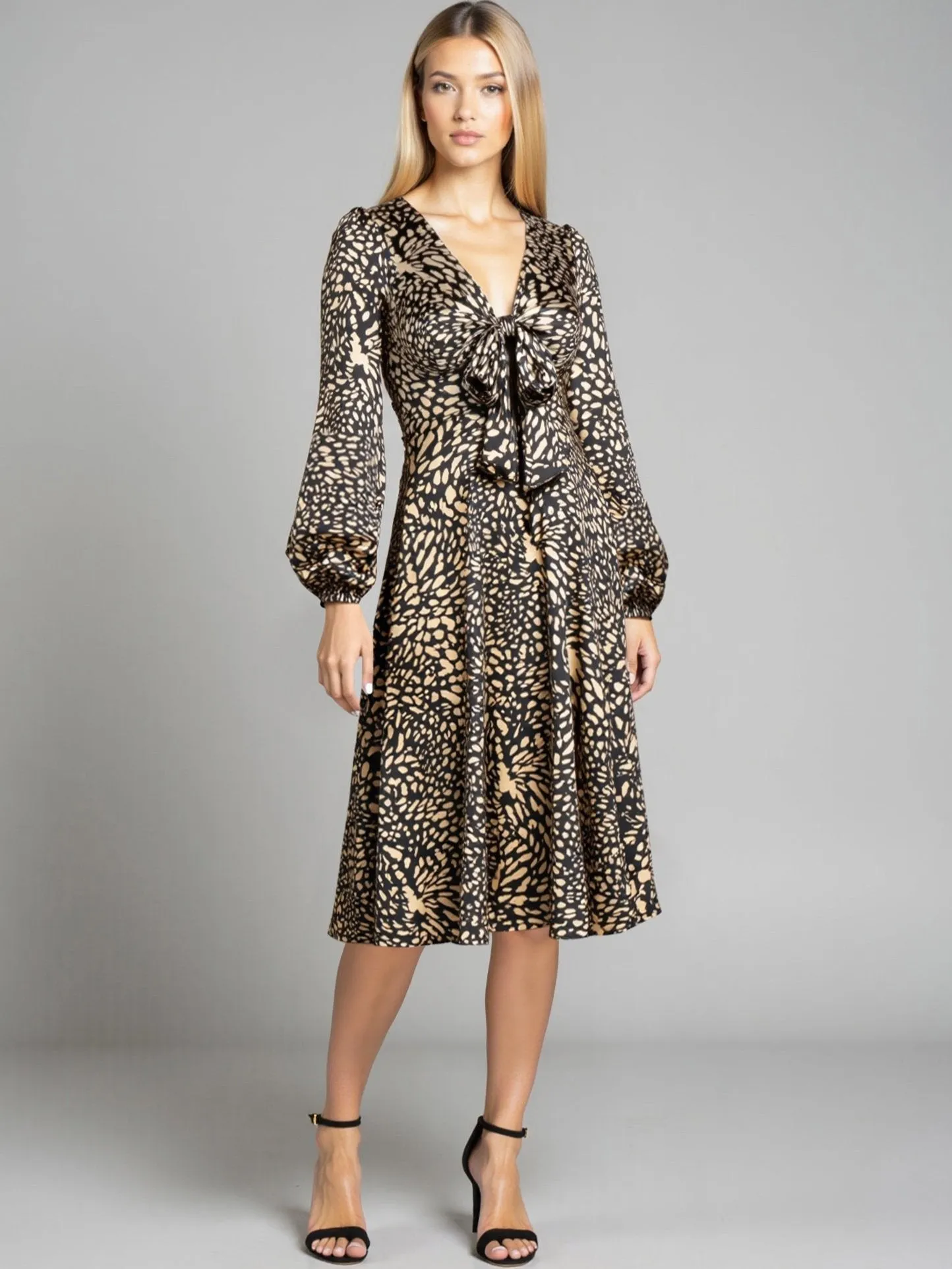 Long Sleeve Tie Front Printed Satin Shirt Dress