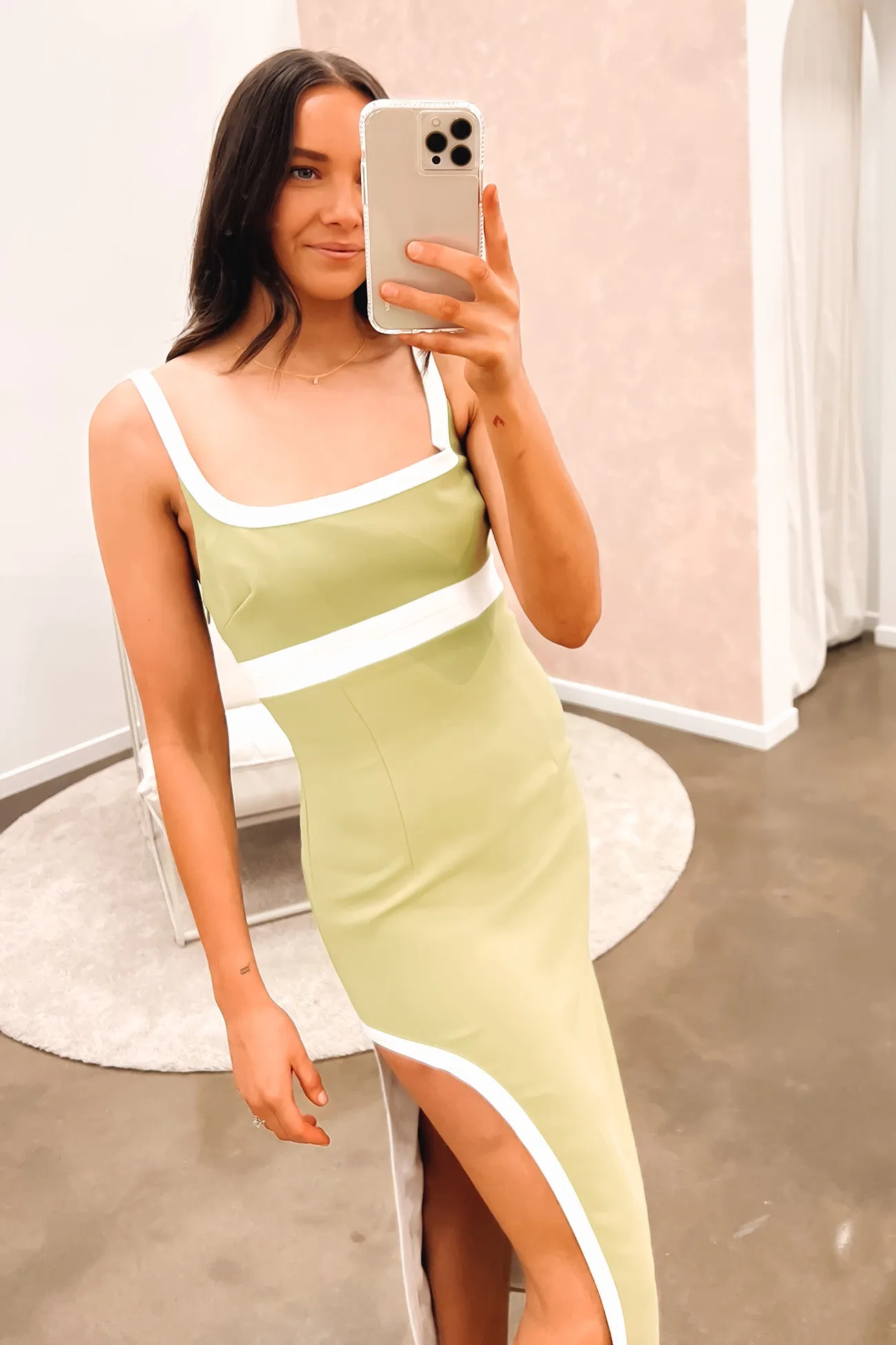 Lori Contrast Split Midi Dress Olive Ivory