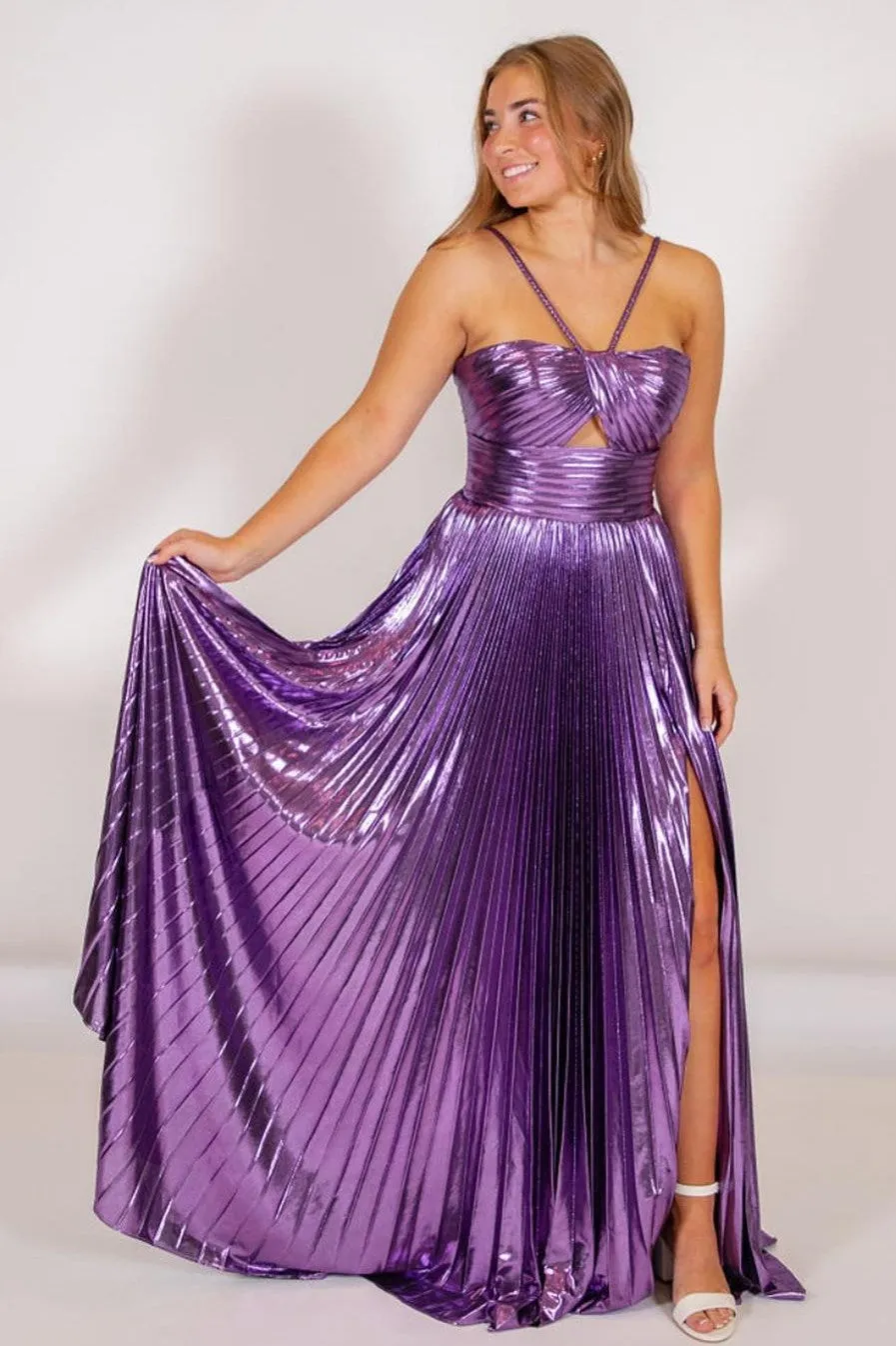 Madalyn| Metallic Keyhole Spaghetti Strap Long Prom Dress with Slit