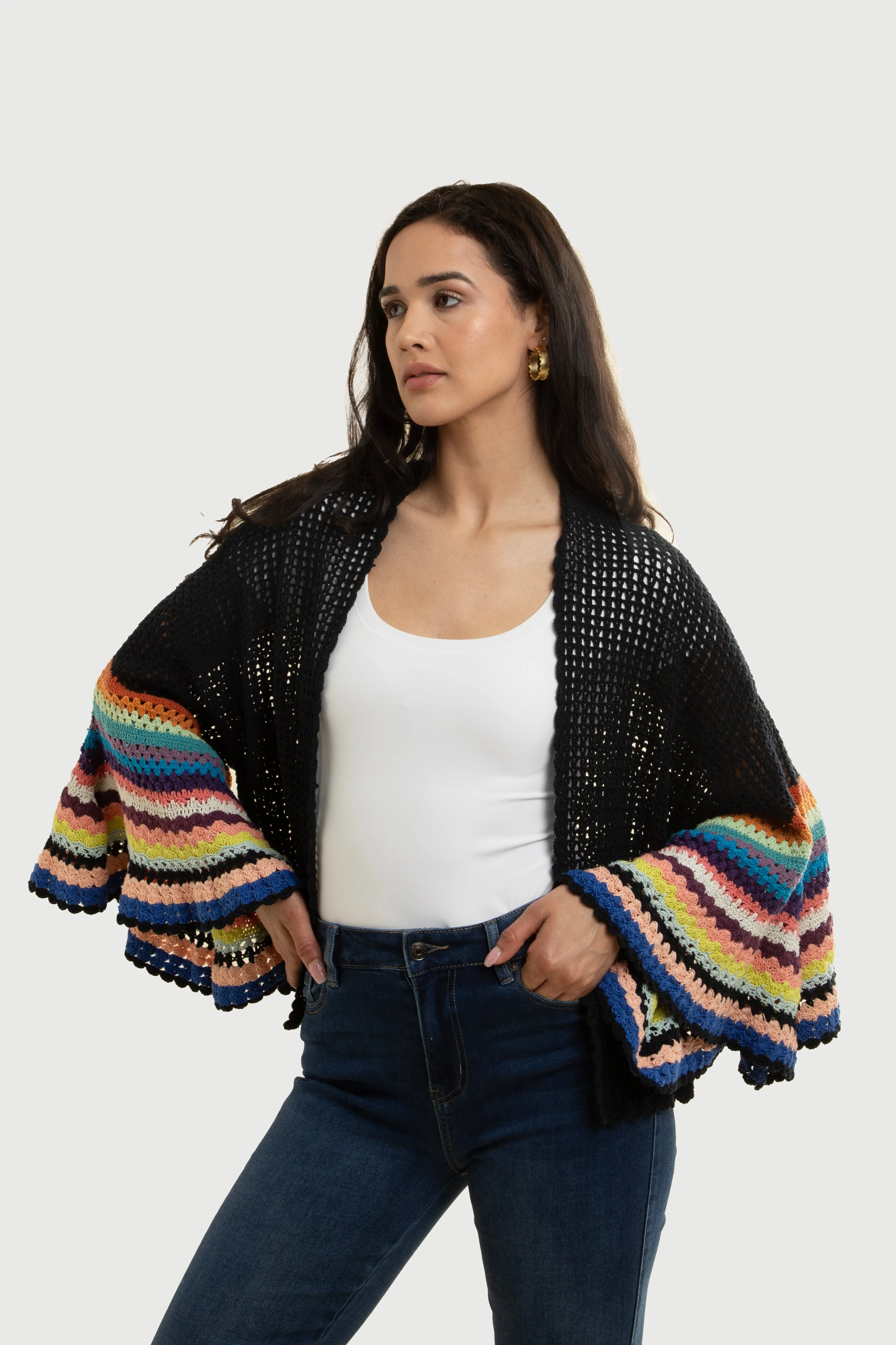 Multicolored Crochet Bell Sleeve Short Jacket