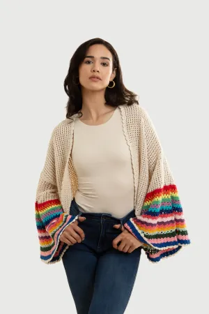 Multicolored Crochet Bell Sleeve Short Jacket