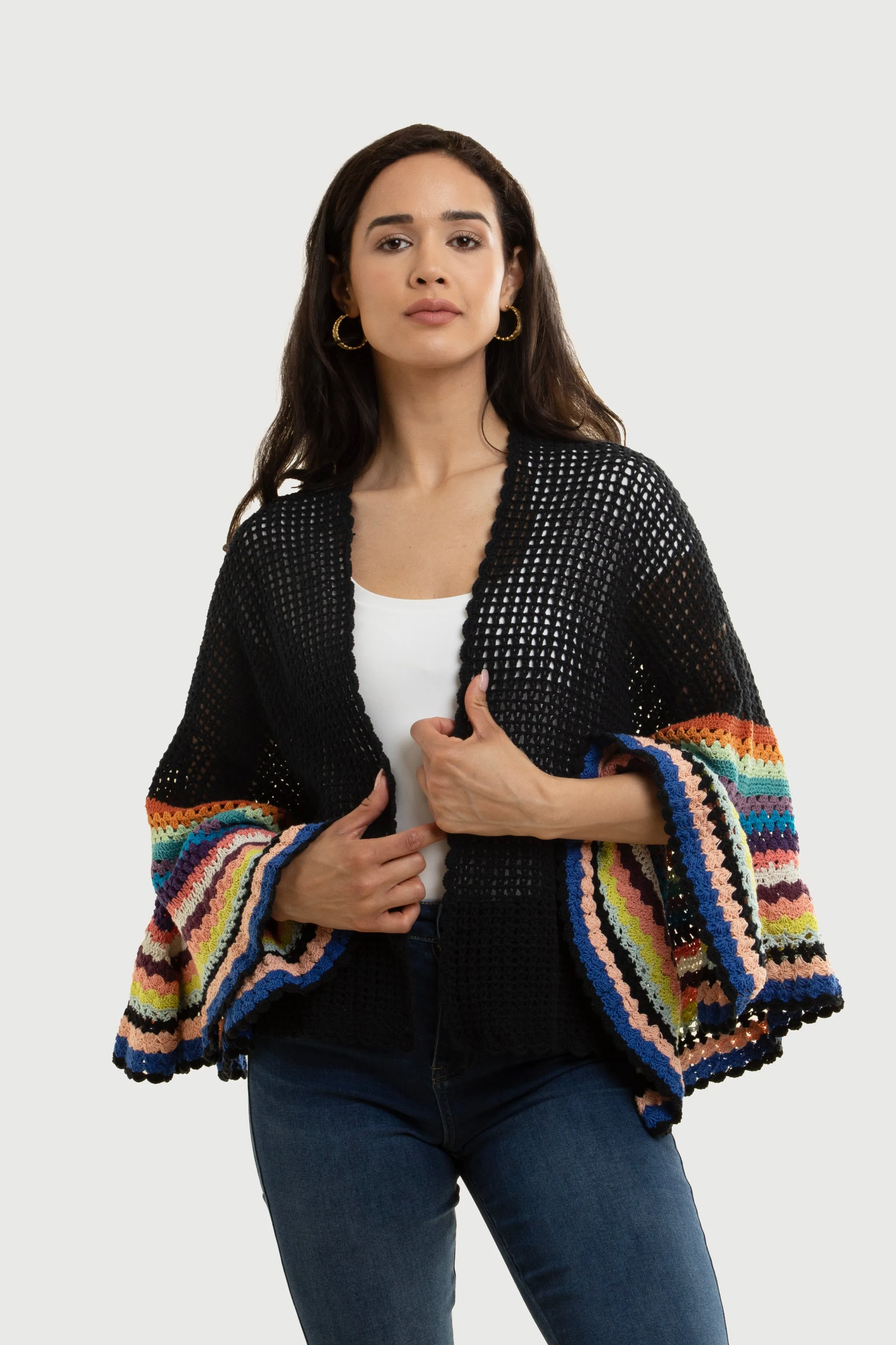 Multicolored Crochet Bell Sleeve Short Jacket