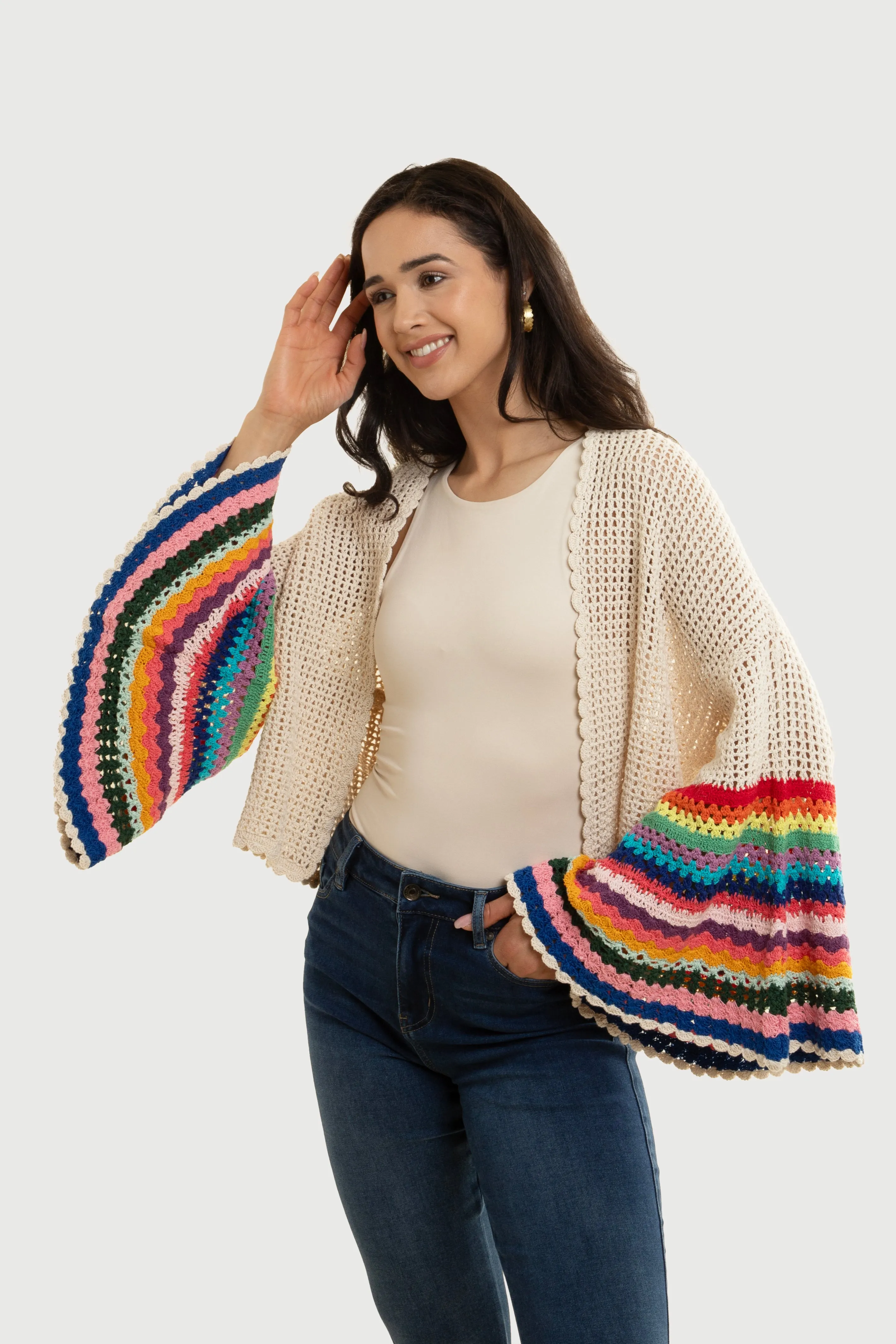 Multicolored Crochet Bell Sleeve Short Jacket