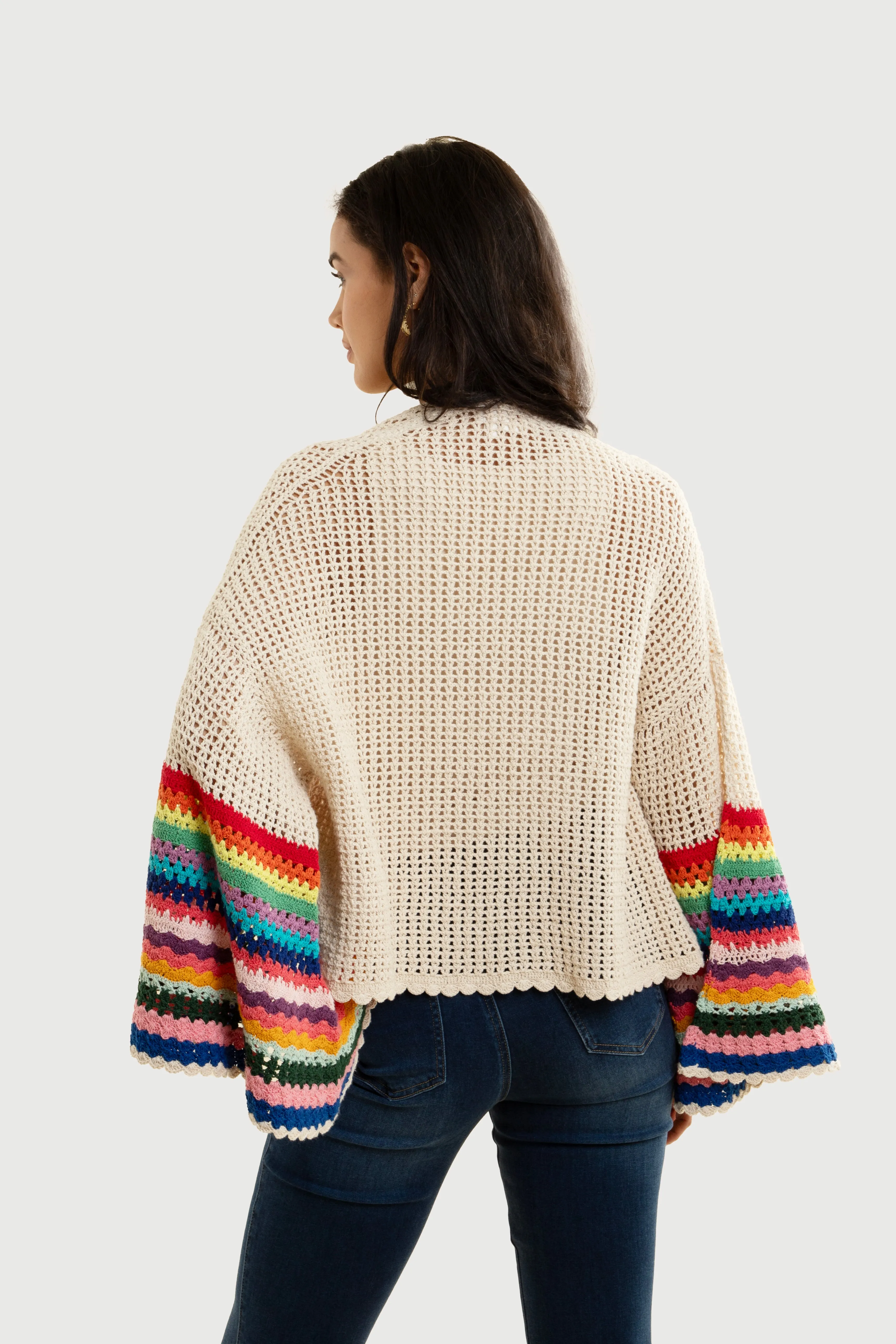 Multicolored Crochet Bell Sleeve Short Jacket