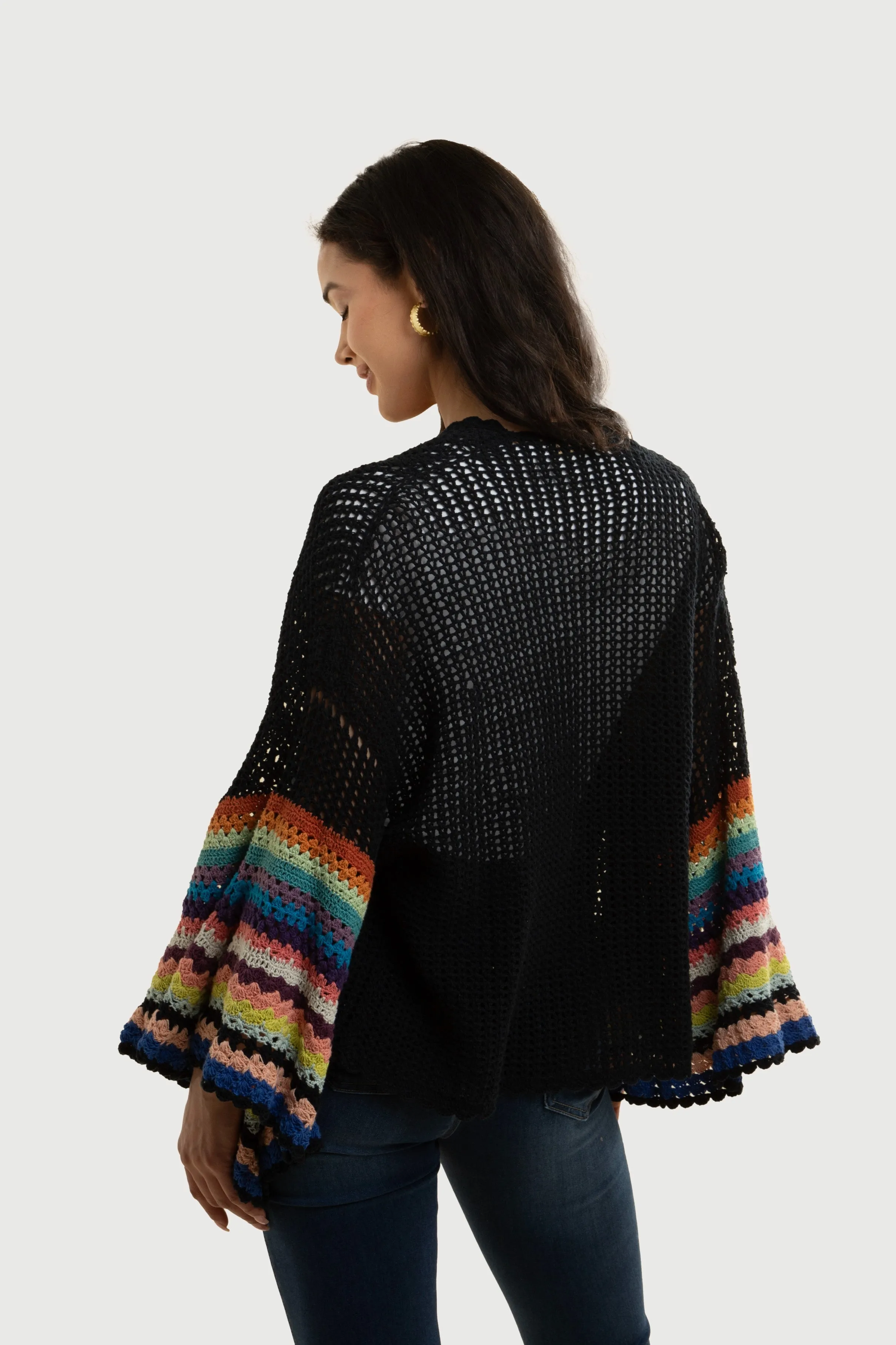 Multicolored Crochet Bell Sleeve Short Jacket