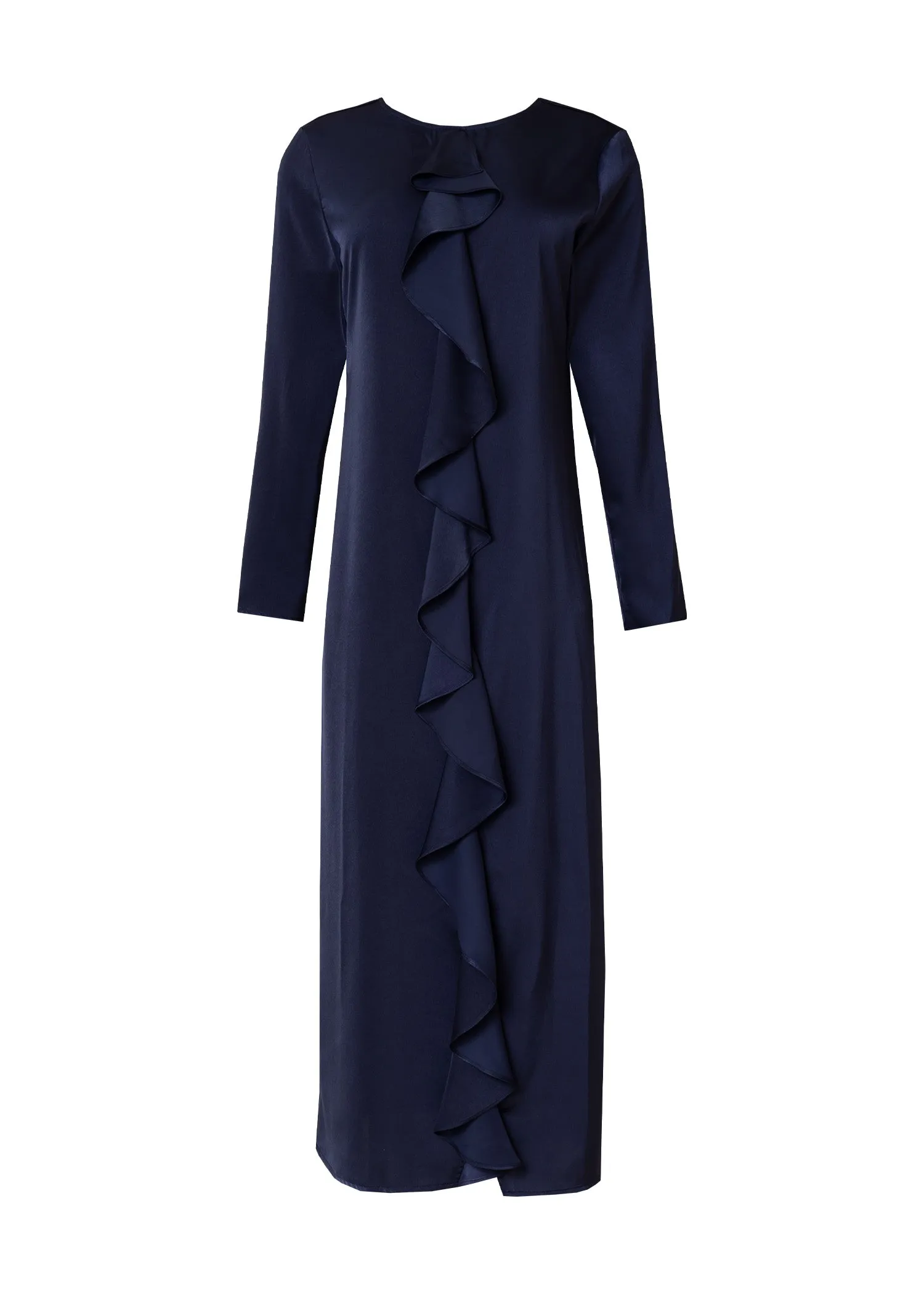 Navy Front Ruffle Silk Maxi