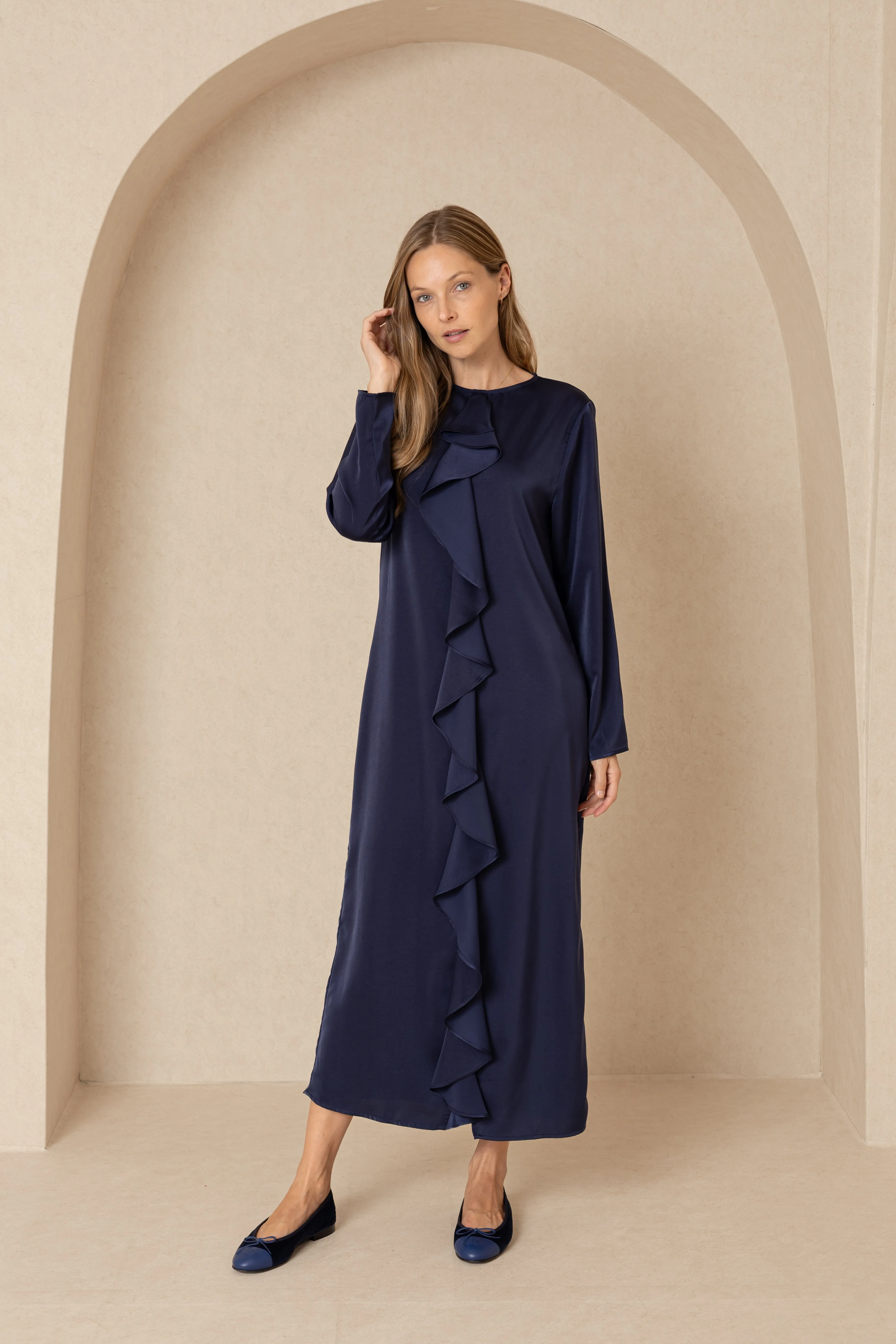 Navy Front Ruffle Silk Maxi