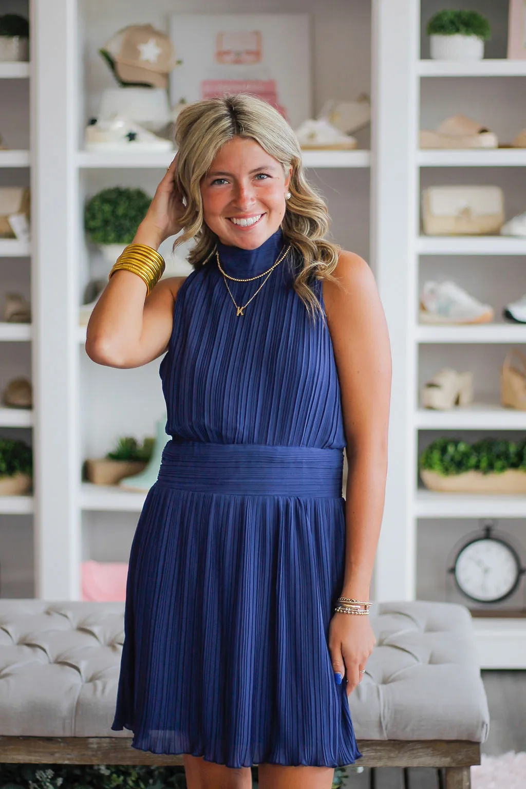 Navy Pleated Mock Neckline Dress