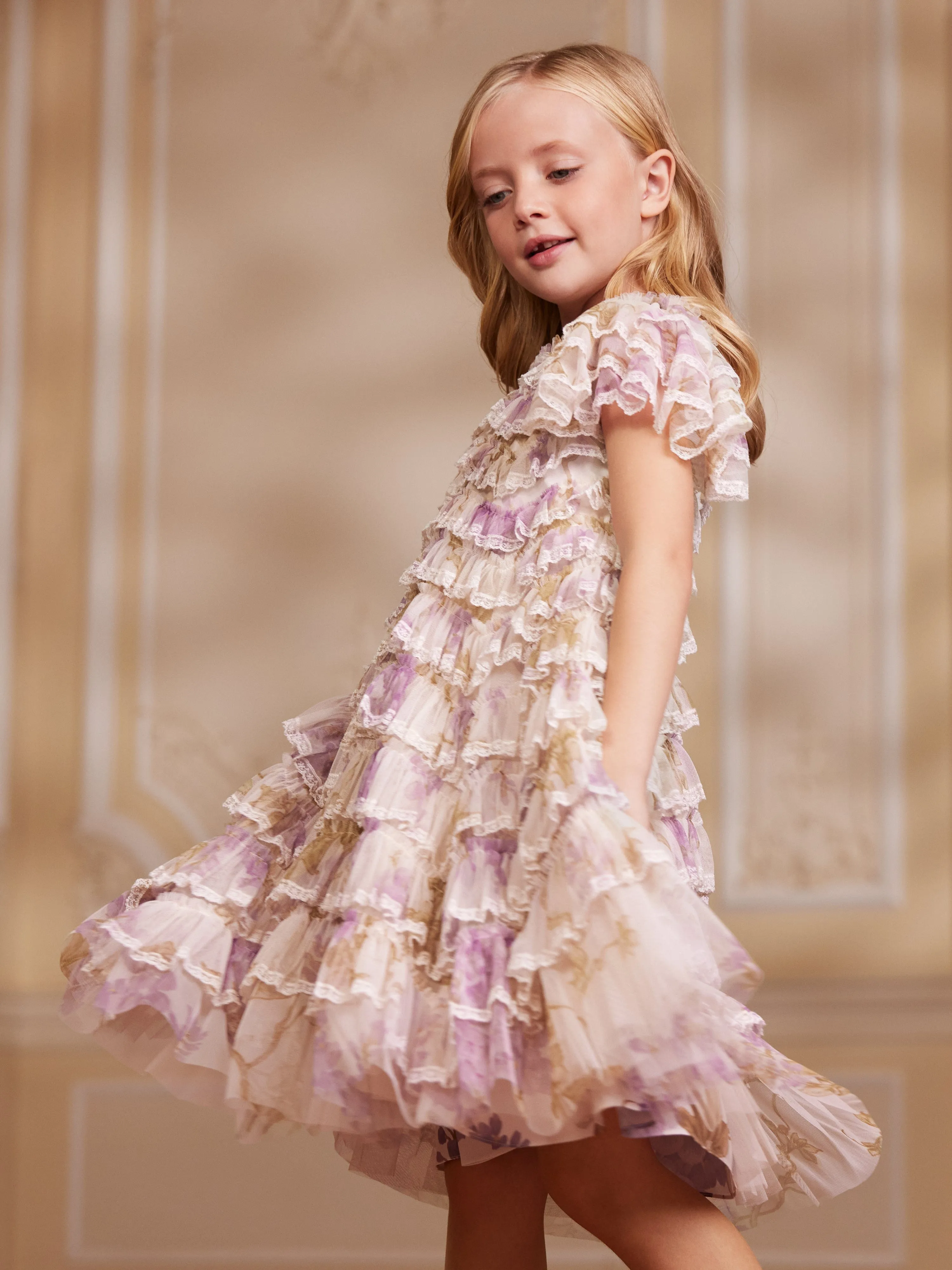 Needle & Thread Girls Wisteria Ruffle Lace Dress in White