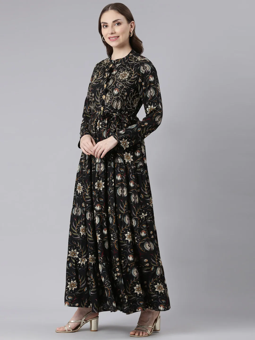 Neerus Black Viscose Rayon Curved Casual Floral Maxi Dresses.