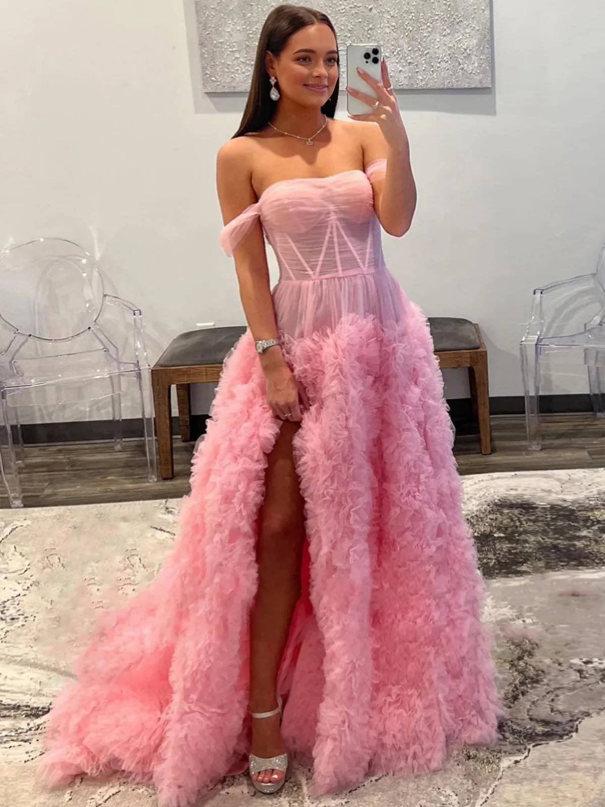 Odelia | Gorgeous A Line Off the Shoulder Long Tulle Prom Dress with Slit