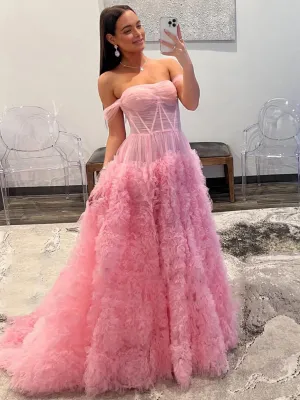 Odelia | Gorgeous A Line Off the Shoulder Long Tulle Prom Dress with Slit