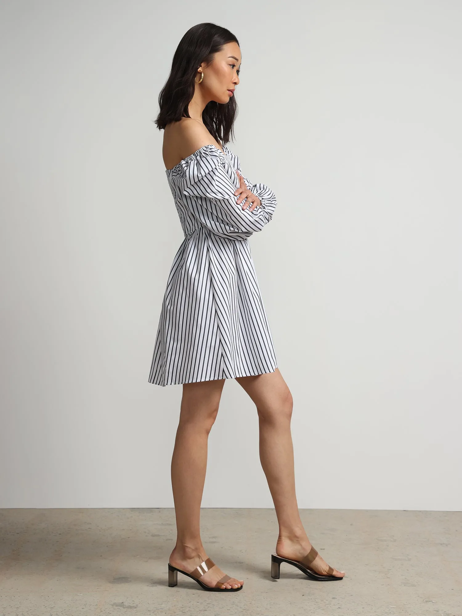 Off-The-Shoulder Pinstripe Puff-Sleeve Dress