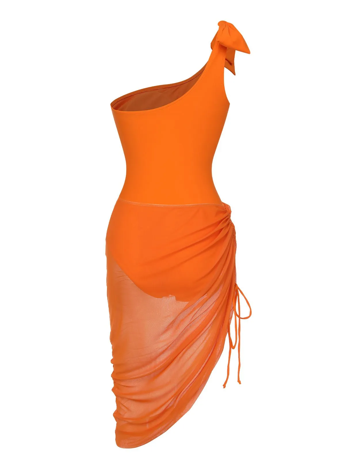 Orange 1940s Solid Swimsuit & High Low Cover-Up