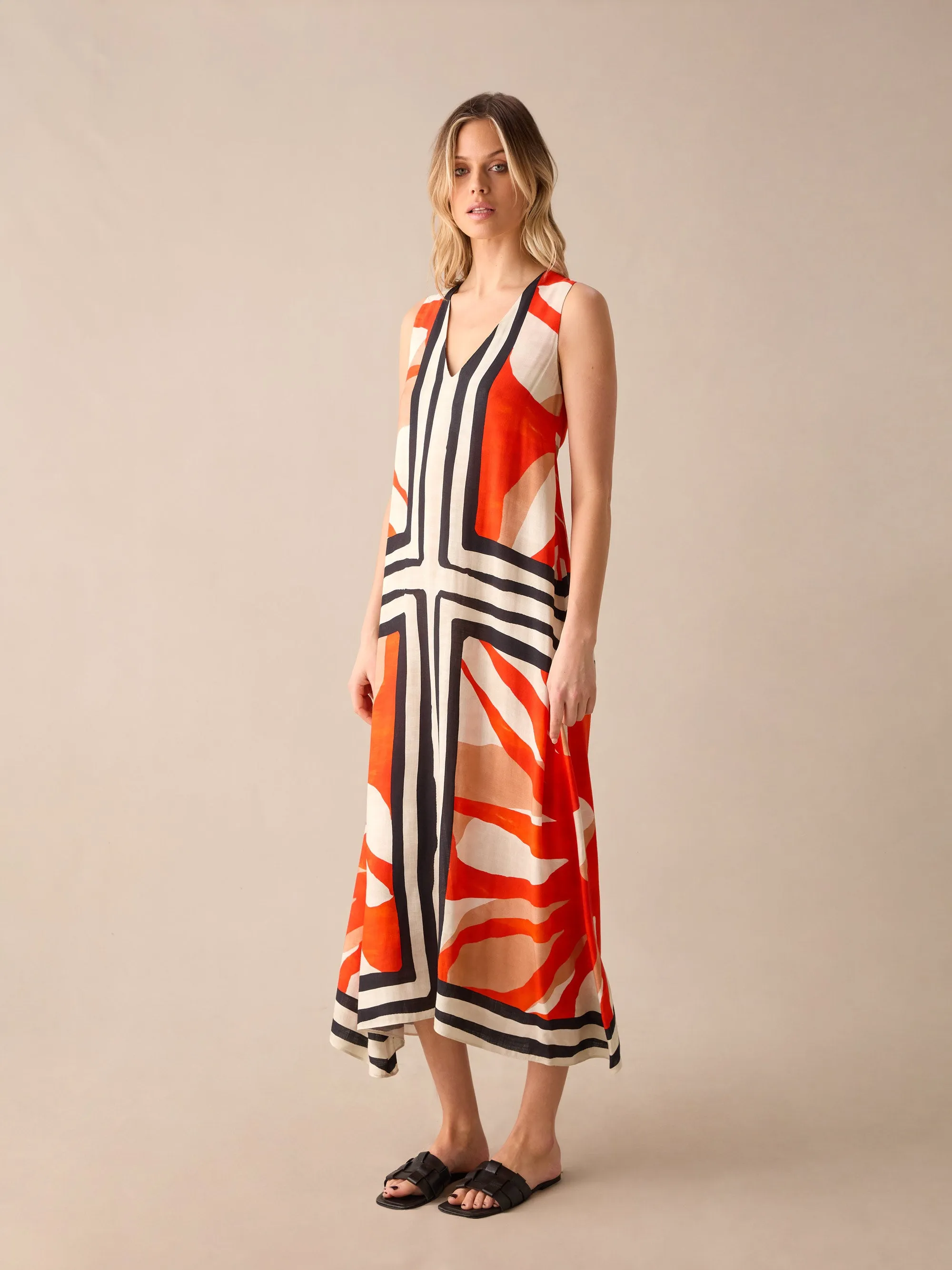 Orange Placement Print Twist Neck Dress