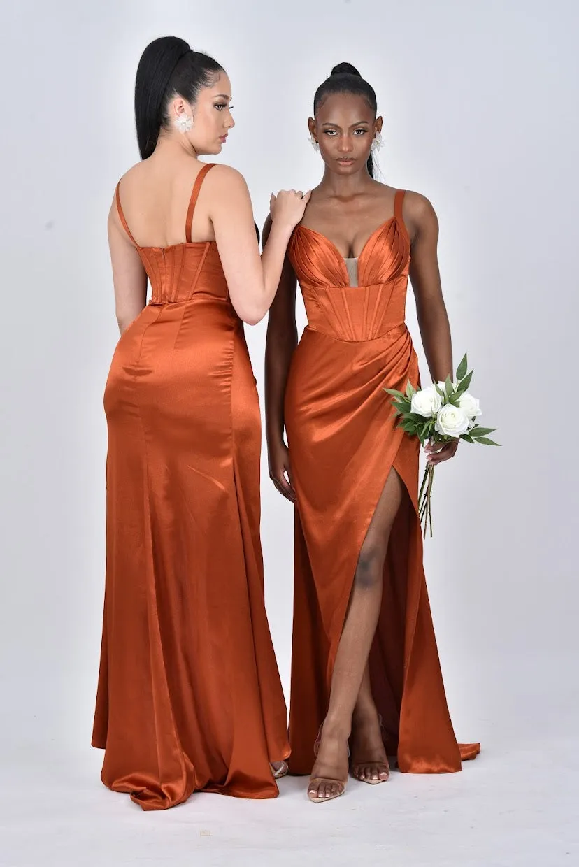 PAOLA Satin Corset Ruched Pleated Bridesmaids Maxi Dress with Side Split - Rust/Burnt Orange