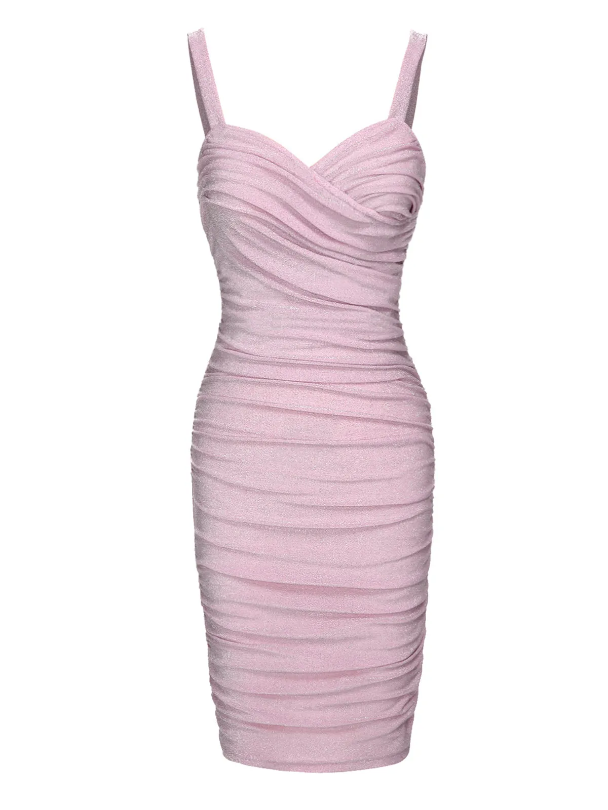 Pink 1960s Solid Glitter Pleated Strap Dress