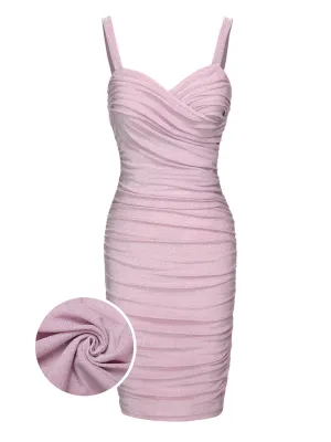 Pink 1960s Solid Glitter Pleated Strap Dress