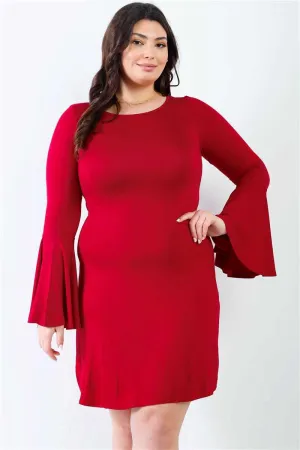 Plus Size Bell Long Sleeve Burgundy Mini Dress