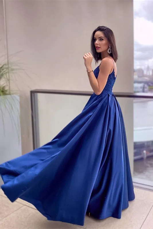 Regal Blue Lace Applique Prom Dress with Elegant Pockets