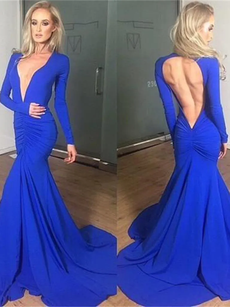 Regal Sapphire V-Neck Mermaid Gown with Elegant Long Sleeves