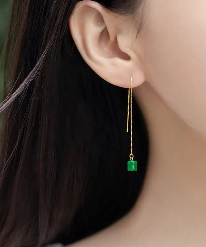 Retro Green Gold Plated Jade Drop Earrings