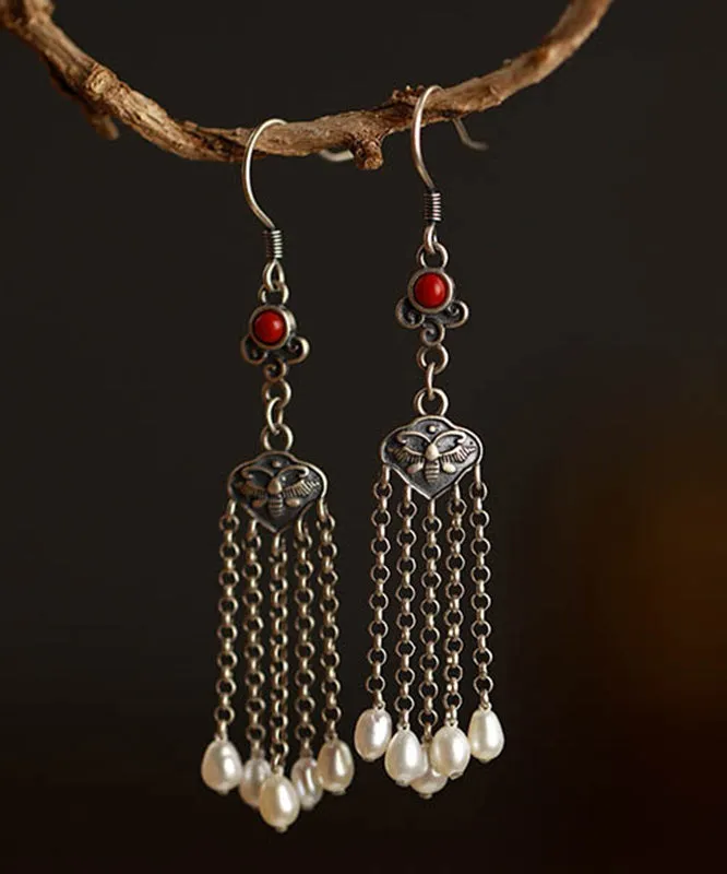 Retro Silk Sterling Silver Agate Pearl Tassel Drop Earrings