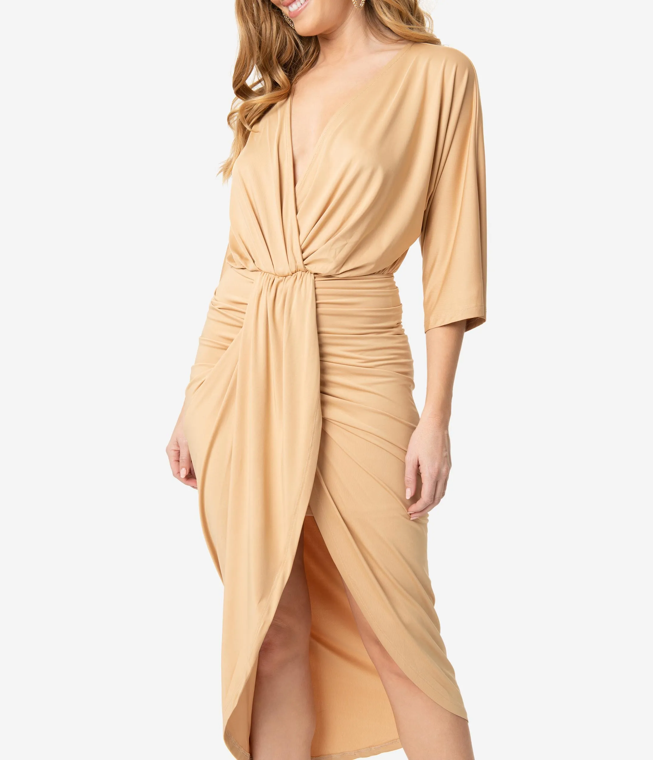 Retro Style Beige Ruched Wrap Front Dress