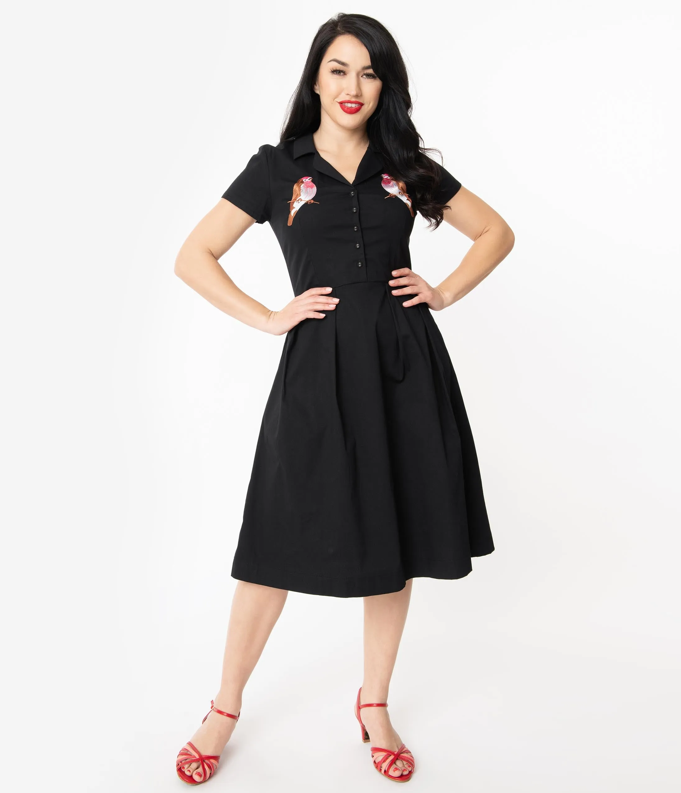 Retro Style Black Embroidered Bird Collared Swing Dress