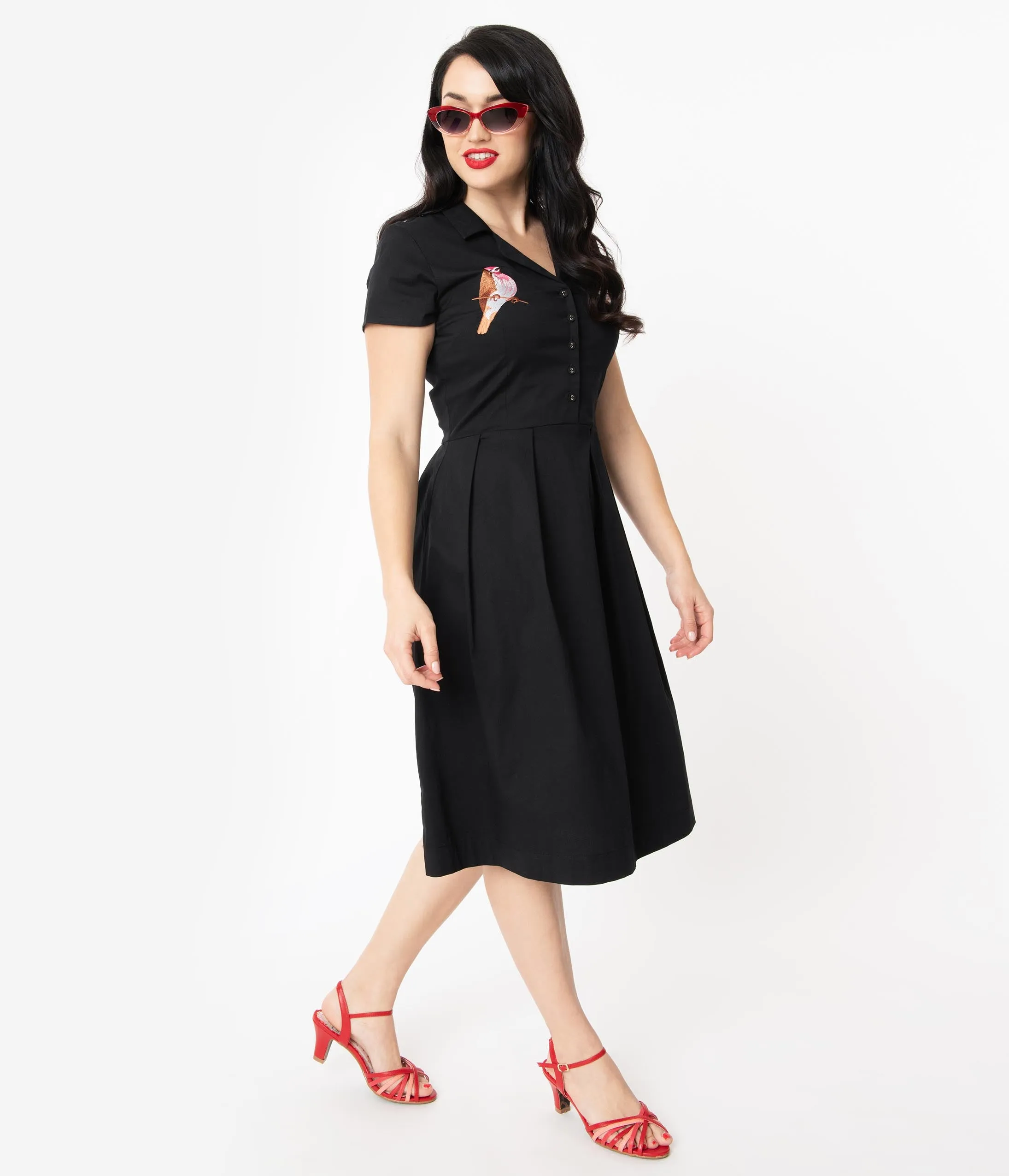 Retro Style Black Embroidered Bird Collared Swing Dress