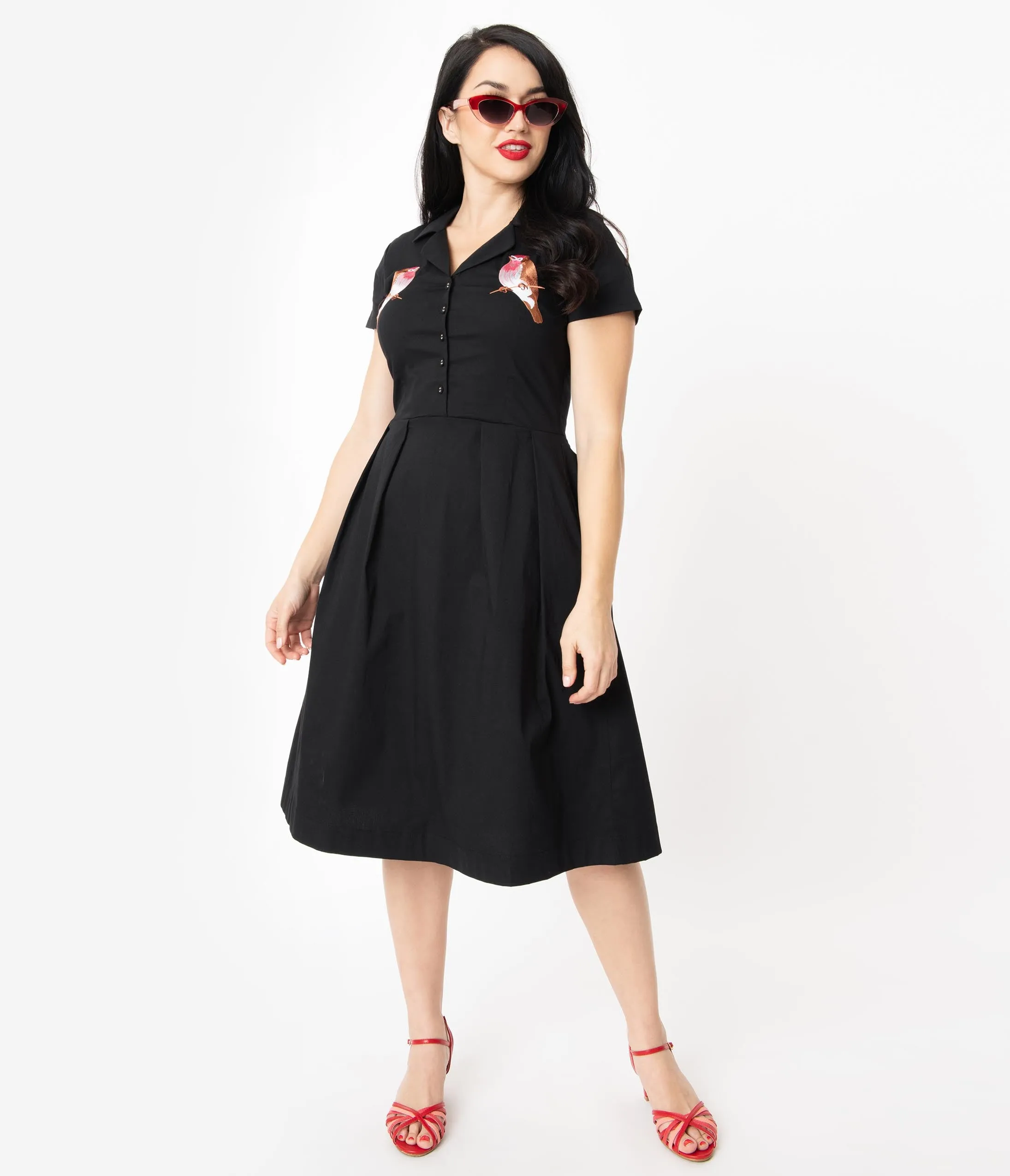 Retro Style Black Embroidered Bird Collared Swing Dress