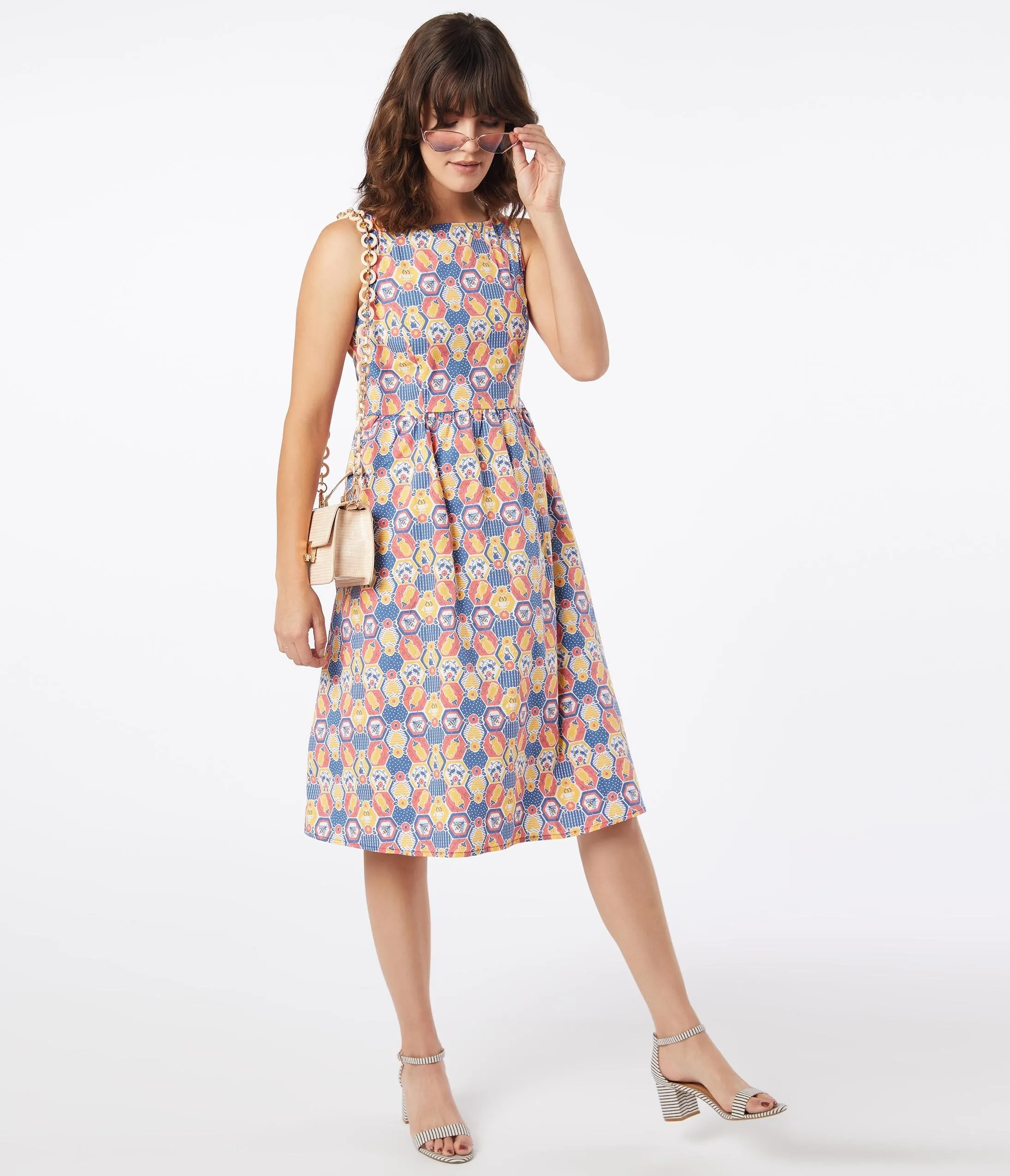 Retro Style Honey Bear & Bees Print Fit & Flare Dress