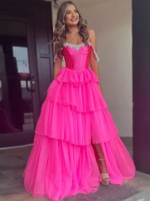 Robenia | A Line Off the Shoulder Hot Pink Tulle Long Prom Dresses with Beading