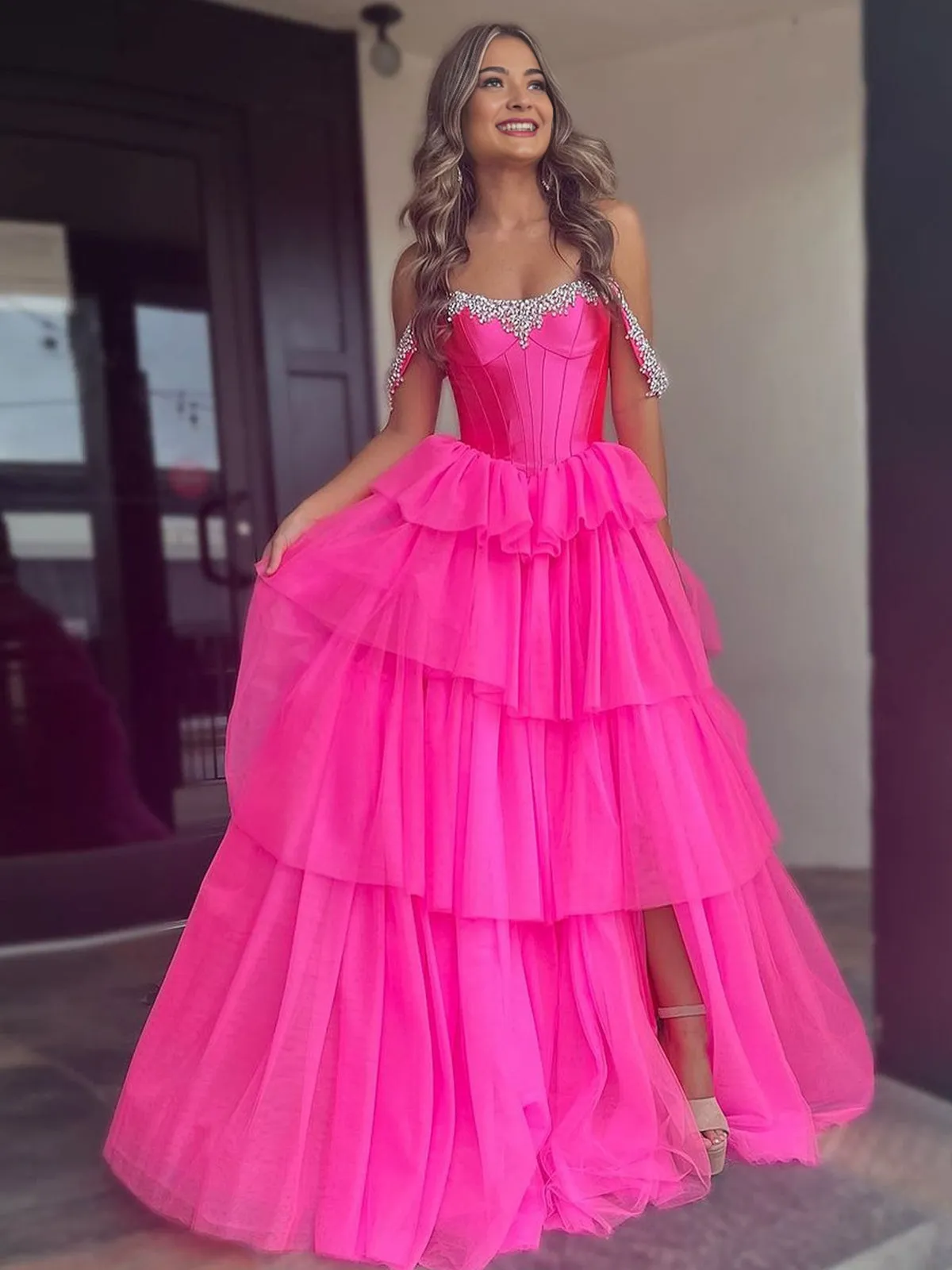 Robenia | A Line Off the Shoulder Hot Pink Tulle Long Prom Dresses with Beading