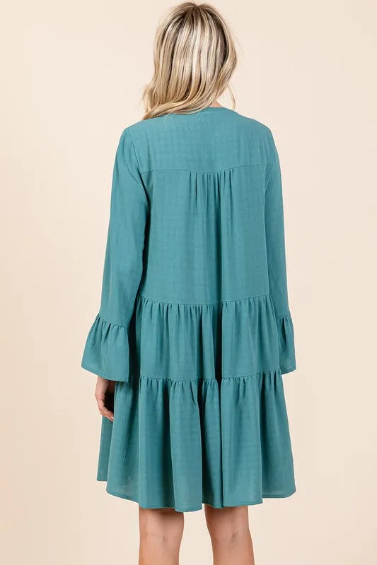 Seafoam Textured Long Bell Sleeve Tiered Mini Dress