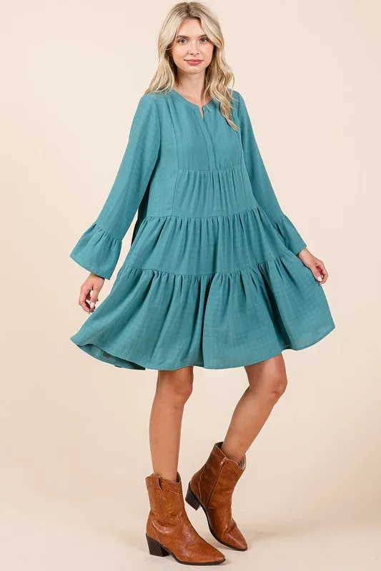 Seafoam Textured Long Bell Sleeve Tiered Mini Dress