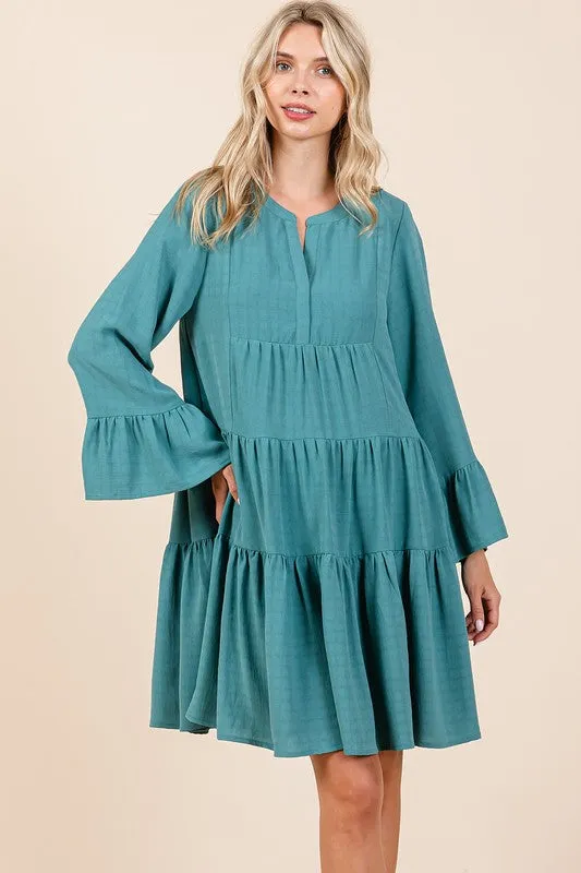 Seafoam Textured Long Bell Sleeve Tiered Mini Dress